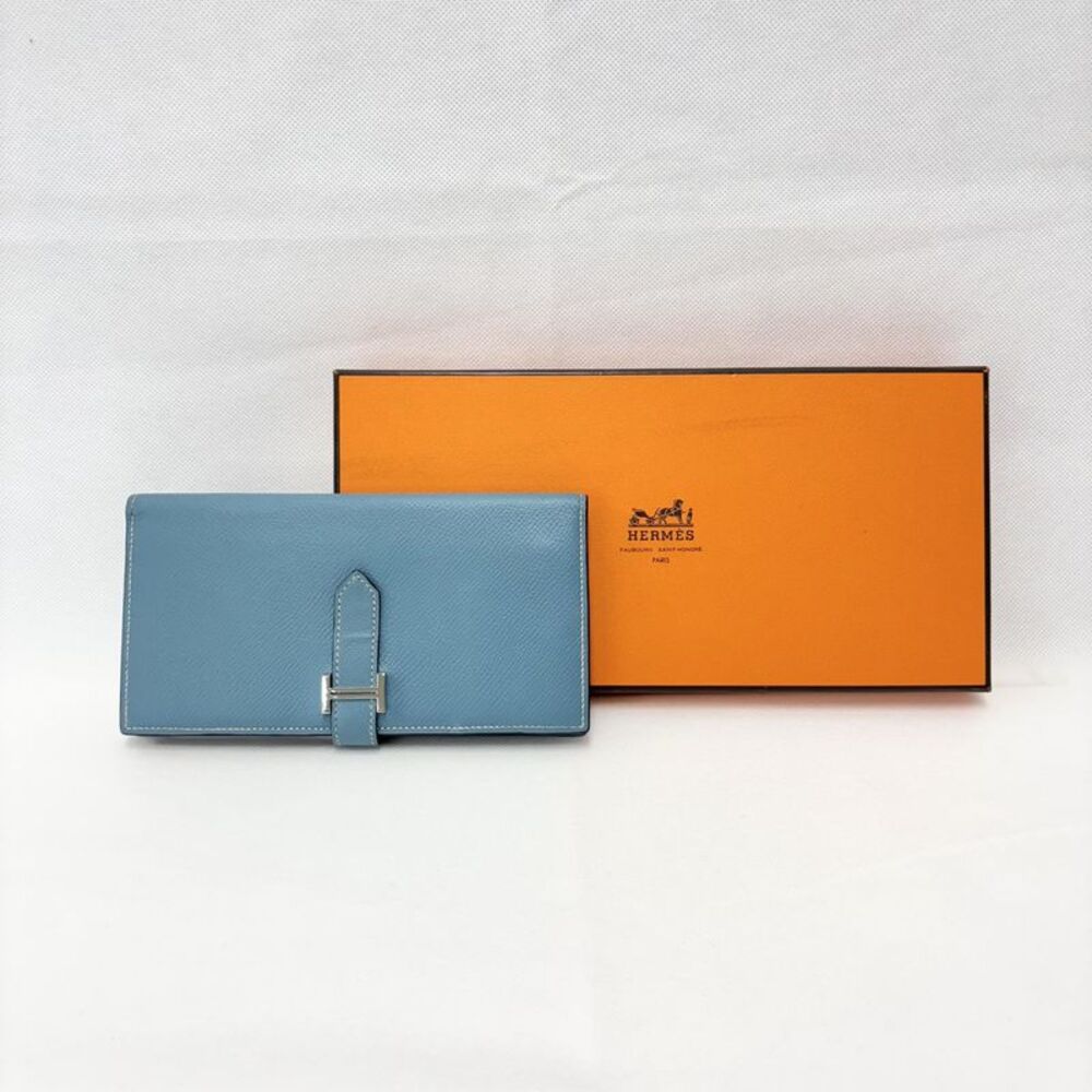 Hermès Beane Long Wallet Epsom & Palladium Hardware Blue France P Stamp